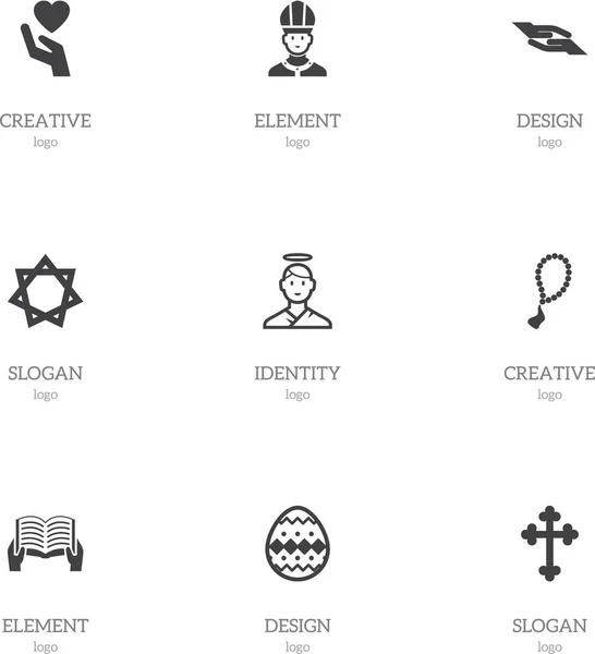 Ensemble de 9 icônes de foi modifiables. Comprend des symboles tels que crucifix, chapelet, hexagramme et plus. Peut être utilisé pour le Web, mobile, interface utilisateur et infographie . — Image vectorielle