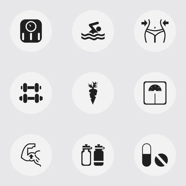 Satz von 9 editierbaren Übungssymbolen. beinhaltet Symbole wie Hantel, Waage, Gewichtsmessung. kann für Web-, Mobil-, UI- und Infografik-Design verwendet werden. — Stockvektor