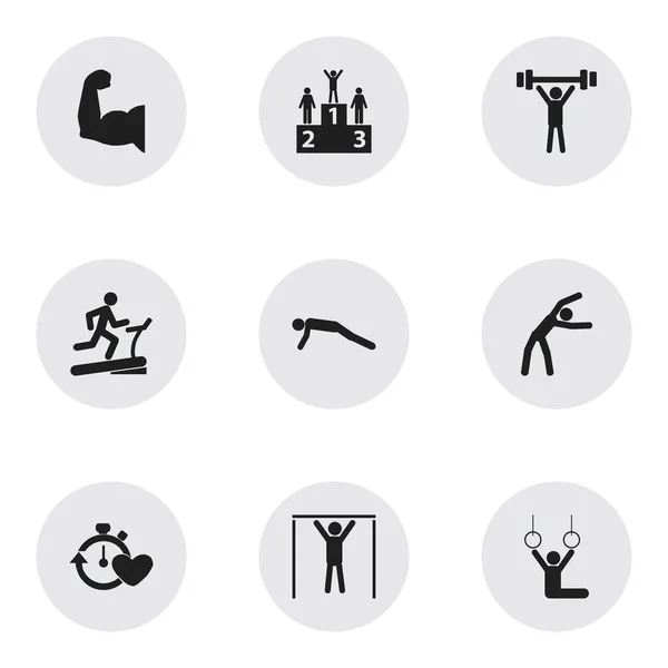 Készlet 9 szerkeszthető Sport ikonok. Magában foglalja a szimbólumok, mint a testépítés, időben egészségét, a verseny és így tovább. Lehet használni a Web, mobil, Ui és Infographic Design. — Stock Vector