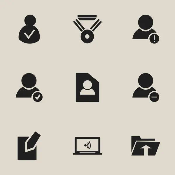 Satz von 9 editierbaren Web-Icons. beinhaltet Symbole wie Dokument, Benutzer genehmigen, Medaille und mehr. kann für Web-, Mobil-, UI- und Infografik-Design verwendet werden. — Stockvektor