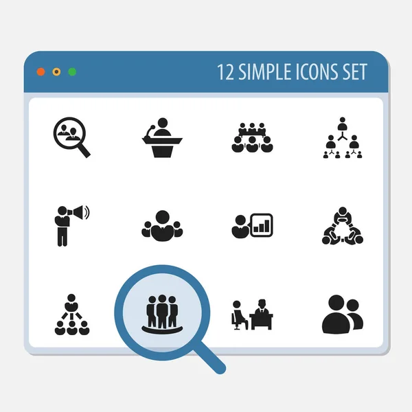 Ensemble de 12 icônes d'affaires modifiables. Comprend des symboles tels que Leader, Ressources humaines, Présentation et plus encore. Peut être utilisé pour le Web, mobile, interface utilisateur et infographie . — Image vectorielle