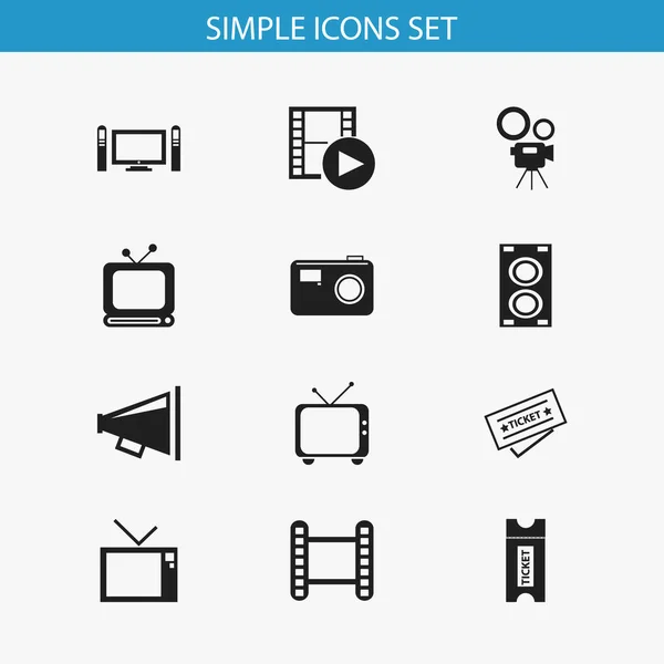 Uppsättning av 12 redigerbara Filmning ikoner. Innehåller symboler som biljett, filmkamera, teve och mer. Kan användas för webb-, mobil-, Ui- och Infographic Design. — Stock vektor