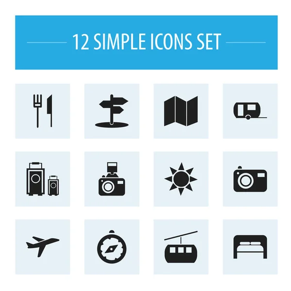 Conjunto de 12 iconos de viaje editables. Incluye símbolos como vacaciones, cruce, instantáneas y más. Puede ser utilizado para el diseño de la tela, móvil, interfaz de usuario e infografía . — Vector de stock