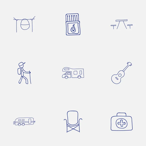 Set van 9 bewerkbare reizen Doodles. Bevat symbolen zoals kampvuur koken, medische Kit, Camper en meer. Kan worden gebruikt voor Web, Mobile, Ui en Infographic Design. — Stockvector