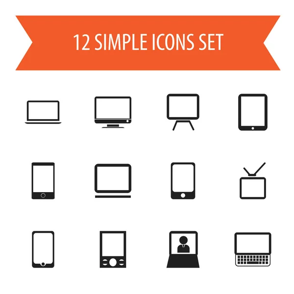 12 編集可能な楽器アイコンのセットです。モニター、電話、タブレット電話などの記号が含まれています。ウェブ、モバイル、Ui とインフォ グラフィック デザインに使用することができます。. — ストックベクタ