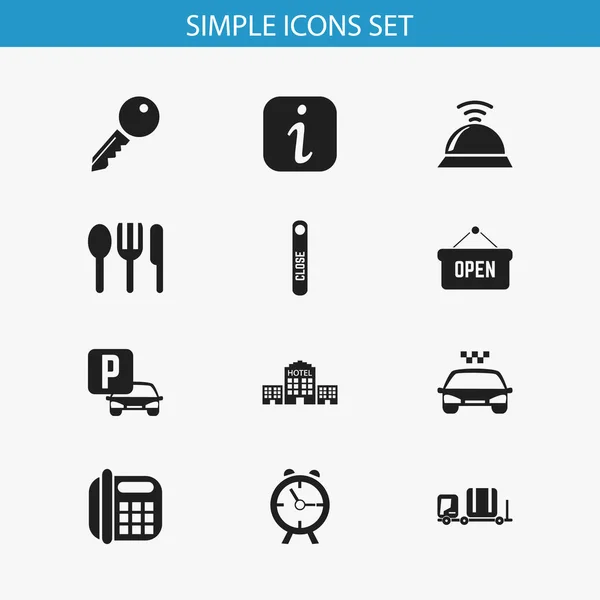 Conjunto de 12 Ícones de Motel Editáveis. Inclui símbolos como alarme, placa aberta, bagagem e muito mais. Pode ser usado para Web, Mobile, UI e design infográfico . — Vetor de Stock