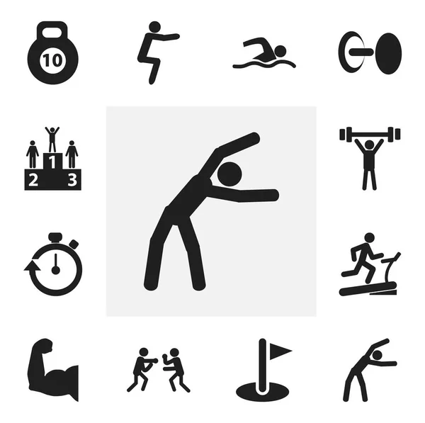 Satz von 12 editierbaren aktiven Symbolen. beinhaltet Symbole wie Bodybuilding, Workout, Wettkampf und mehr. kann für Web-, Mobil-, UI- und Infografik-Design verwendet werden. — Stockvektor