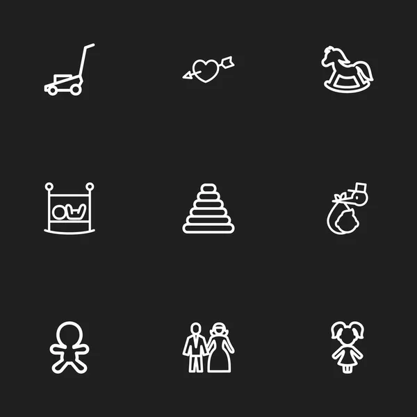 Conjunto de 9 Iconos de esquema de parientes editables. Incluye símbolos como casado, niño, torre y más. Puede ser utilizado para el diseño de la tela, móvil, interfaz de usuario e infografía . — Vector de stock