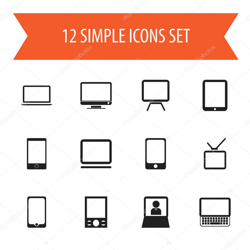 Set Of 12 Editable Instrument Icons. Includes Symbols Such As Monitor, Telephone, Tablet Phone And More. Can Be Used For Web, Mobile, UI And Infographic Design.