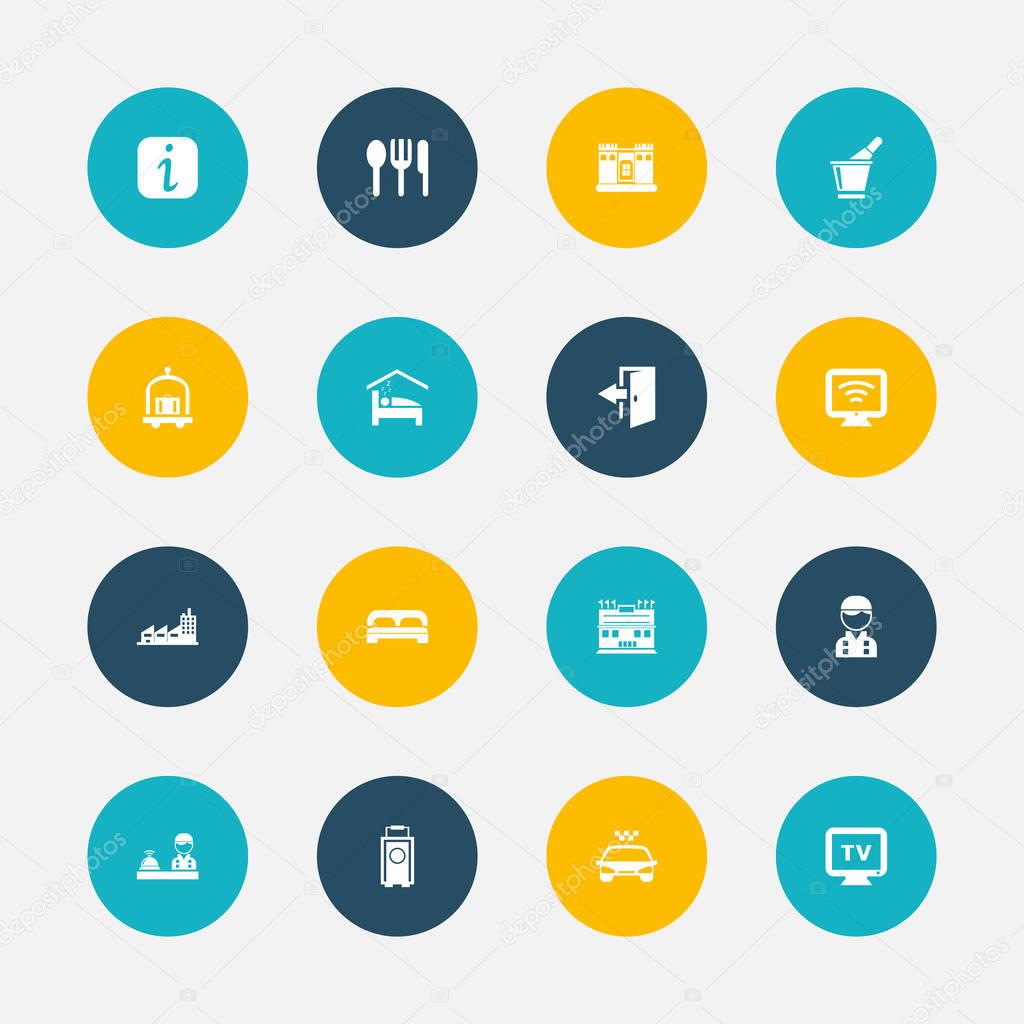 Set Of 16 Editable Motel Icons. Includes Symbols Such As Baggage, Information Sign, Transport Car And More. Can Be Used For Web, Mobile, UI And Infographic Design.