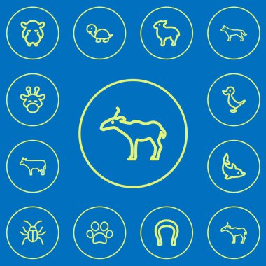 12 düzenlenebilir zooloji anahat simgeleri ayarlayın. Antilop, köpek, Yunus ve daha fazlası gibi simgeler içerir. Web, mobil, UI ve Infographic tasarımı için kullanılabilir.