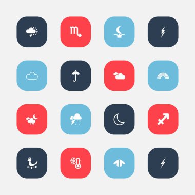16 düzenlenebilir iklim simgeler kümesi. Yarım ay, fırtına, Frost sıcaklık ve daha fazlası gibi simgeler içerir. Web, mobil, UI ve Infographic tasarımı için kullanılabilir.