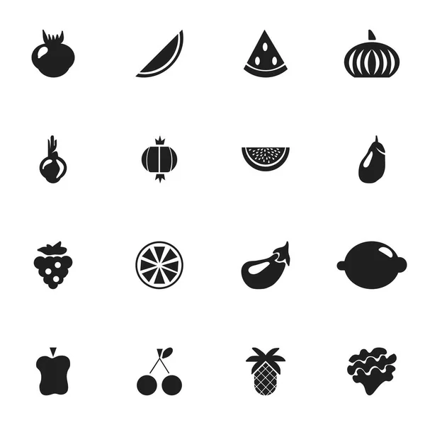 Conjunto de 16 iconos de frutas editables. Incluye símbolos como lechuga, lima, sativum y más. Puede ser utilizado para el diseño de la tela, móvil, interfaz de usuario e infografía . — Vector de stock