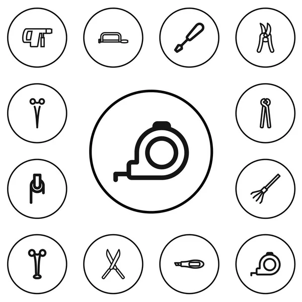 Set di 12 Strumenti Modificabili Icone Outline. Include simboli come sega a mano, giravite, Roll Meter. Può essere utilizzato per la progettazione web, mobile, UI e infografica . — Vettoriale Stock