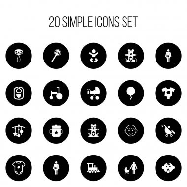 20 düzenlenebilir bebek simgeler kümesi. Çocuk arabası, Perambulator, peluş hayvan ve daha fazlası gibi simgeler içerir. Web, mobil, UI ve Infographic tasarımı için kullanılabilir.