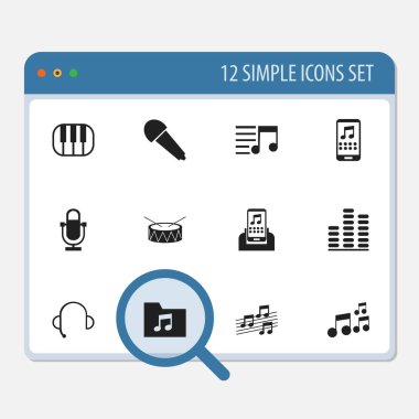 12 düzenlenebilir şarkı simgeler kümesi. Dosya, çalma listesi ve daha fazla gibi simgeler içerir. Web, mobil, UI ve Infographic tasarımı için kullanılabilir.