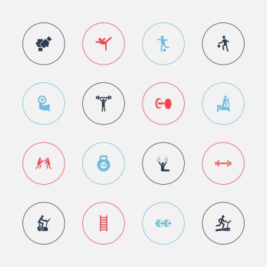 16 düzenlenebilir spor simgeler kümesi. Yarış pisti eğitim, merdiven, halter ve daha fazlası gibi simgeler içerir. Web, mobil, UI ve Infographic tasarımı için kullanılabilir.