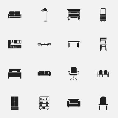 16 düzenlenebilir mobilyalar simgeler kümesi. Sehpa, dolap, kanepe ve daha fazlası gibi simgeler içerir. Web, mobil, UI ve Infographic tasarımı için kullanılabilir.