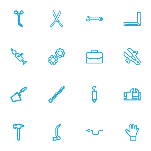 Conjunto de 16 herramientas editables Esquema de iconos. Incluye símbolos tales como gancho, golpe de la manija, broca giratoria. Puede ser utilizado para el diseño de la tela, móvil, interfaz de usuario e infografía . — Vector de stock