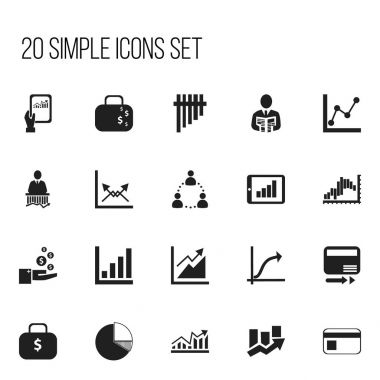 20 düzenlenebilir mantıksal simgeler kümesi. Grafik bilgilerini, ilerleme, bankacilik ve daha fazlası gibi simgeler içerir. Web, mobil, UI ve Infographic tasarımı için kullanılabilir.