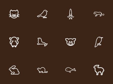 12 düzenlenebilir hayvan anahat simgeler kümesi. Domuzcuk, Philomel, Kitty ve daha fazlası gibi simgeler içerir. Web, mobil, UI ve Infographic tasarımı için kullanılabilir.