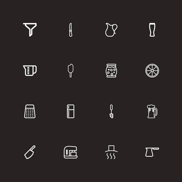 16 szerkeszthető étkezés vázlat ikonok beállítása Házi lekvár, kráter, konyhai kés, és szimbólumokat tartalmaz. Lehet használni a Web, mobil, Ui és Infographic Design. — Stock Vector