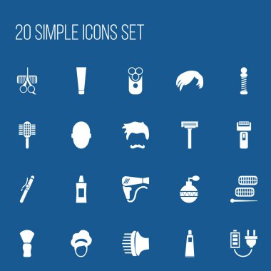 20 düzenlenebilir berber simgeler kümesi. Tıraş makinesi, kıvırıcı aygıt, jel ve daha fazlası gibi simgeler içerir. Web, mobil, UI ve Infographic tasarımı için kullanılabilir.