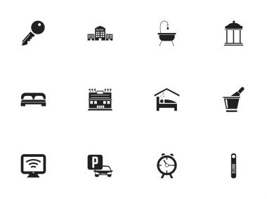 12 düzenlenebilir Motel simgeler kümesi. Residence, giriş, kablosuz Tv ve daha fazlası gibi simgeler içerir. Web, mobil, UI ve Infographic tasarımı için kullanılabilir.
