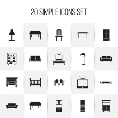 20 düzenlenebilir iç simgeler kümesi. Ahşap masa, ışık, Komodin ve daha fazlası gibi simgeler içerir. Web, mobil, UI ve Infographic tasarımı için kullanılabilir.