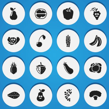 16 düzenlenebilir mutfak eşyaları simgeler kümesi. Ahududu, armut, çilek ve daha fazlası gibi simgeler içerir. Web, mobil, UI ve Infographic tasarımı için kullanılabilir.