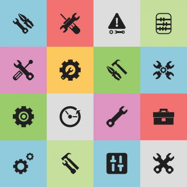 16 düzenlenebilir Toolkit simgeler kümesi. Kerpeten çekiç, İngiliz anahtarı çekiç, gibi simgeler anahtarı ve daha fazlasını içerir. Web, mobil, UI ve Infographic tasarımı için kullanılabilir.