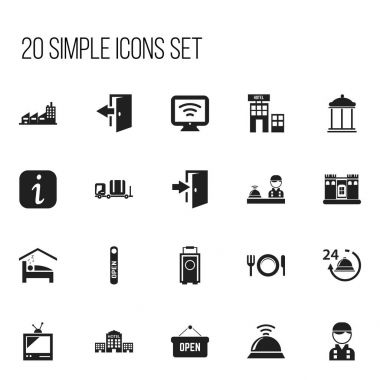 20 düzenlenebilir Motel simgeler kümesi. Otel, giriş, hizmet Bell ve daha fazlası gibi simgeler içerir. Web, mobil, UI ve Infographic tasarımı için kullanılabilir.