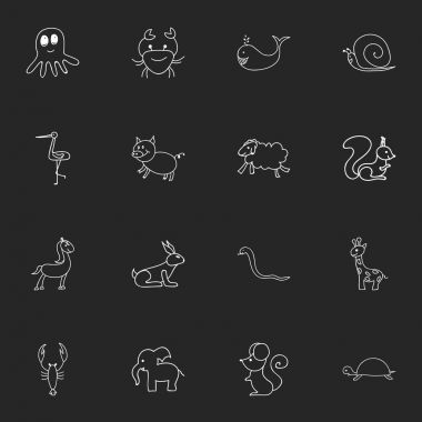 16 düzenlenebilir hayvan karalamalar kümesi. Domuz, kalamar, sülük ve daha fazlası gibi simgeler içerir. Web, mobil, UI ve Infographic tasarımı için kullanılabilir.