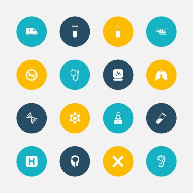 16 düzenlenebilir klinik simgeler kümesi. Tüp, klinik, analiz konteyner ve daha fazlası gibi simgeler içerir. Web, mobil, UI ve Infographic tasarımı için kullanılabilir.