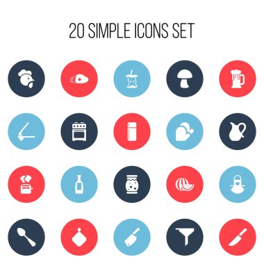 20 düzenlenebilir gıda simgeler kümesi. Buzdolabı, sürahi, soba ve daha fazlası gibi simgeler içerir. Web, mobil, UI ve Infographic tasarımı için kullanılabilir.