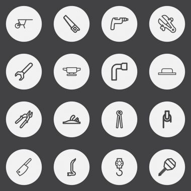 16 düzenlenebilir aparatı anahat simgeleri ayarlayın. Vinç, kasap bıçağı, tekerlek anahtarı ve daha fazlası gibi simgeler içerir. Web, mobil, UI ve Infographic tasarımı için kullanılabilir.