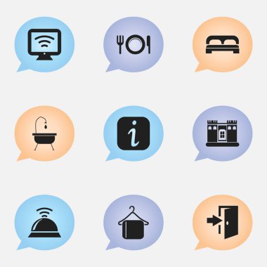 9 düzenlenebilir Motel simgeler kümesi. Bilgi işareti, kablosuz Tv, askı ve daha fazlası gibi simgeler içerir. Web, mobil, UI ve Infographic tasarımı için kullanılabilir.