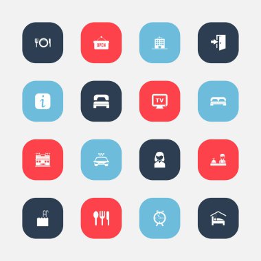 16 düzenlenebilir Motel simgeler kümesi. Taşıma Araba, açılan tasarlamak, Check-In gibi simgeler ve daha fazlasını içerir. Web, mobil, UI ve Infographic tasarımı için kullanılabilir.
