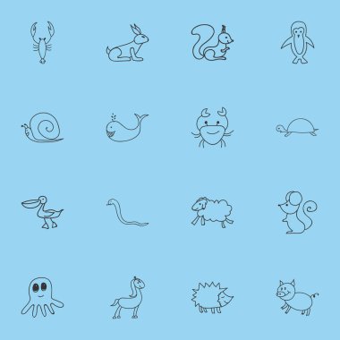 16 düzenlenebilir Hayvanat Bahçesi karalamalar kümesi. Kutup kuş, kaplumbağa ve tavşan gibi simgeler içerir. Web, mobil, UI ve Infographic tasarımı için kullanılabilir.