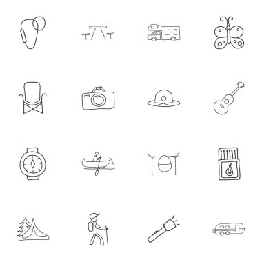 16 düzenlenebilir kamp karalamalar kümesi. Koltuk, el feneri, güzellik böcek ve daha fazlası gibi simgeler içerir. Web, mobil, UI ve Infographic tasarımı için kullanılabilir.