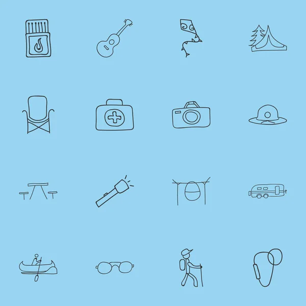 Set 16 bewerkbare Camping Doodles. Bevat symbolen zoals strand-hoed, fotograferen, kampvuur koken en meer. Kan worden gebruikt voor Web, Mobile, Ui en Infographic Design. — Stockvector