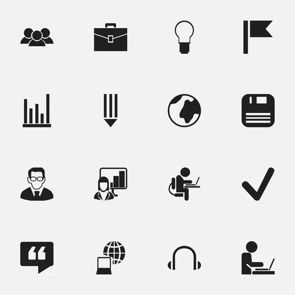 Set di 16 icone da ufficio modificabili. Include simboli come il grafico a linee, il lavoratore nel computer portatile, auricolare e altro ancora. Può essere utilizzato per la progettazione web, mobile, UI e infografica . — Vettoriale Stock