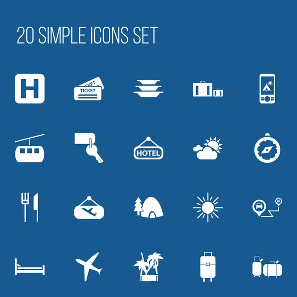 "Set of 20 Editable Journey Icons". Включает такие символы, как компас, вилка с ножом, холодный напиток и многое другое. Can be used for Web, Mobile, UI and Infographic Design . — стоковый вектор