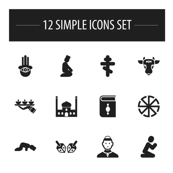 Conjunto de 12 iconos de religión editables. Incluye símbolos tales como ojo en mano, símbolo ortodoxo, toro santo. Puede ser utilizado para el diseño de la tela, móvil, interfaz de usuario e infografía . — Vector de stock