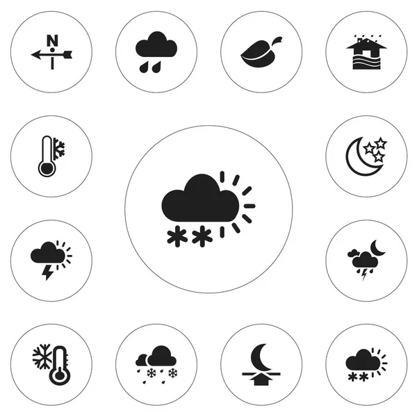 12 편집 가능한 기후 아이콘의 집합입니다. 비바람, 홈, 눈과 립 등의 기호를 포함합니다. 웹, 모바일, Ui와 Infographic 디자인에 사용할 수 있습니다.. — 스톡 벡터