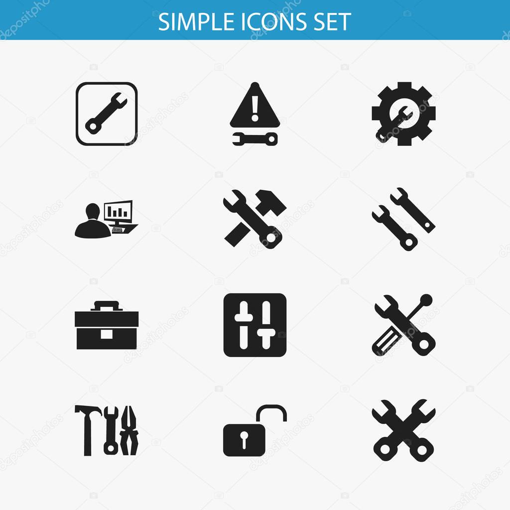 Set Of 12 Editable Service Icons. Includes Symbols Such As Spanner, Computer Statistics, Equalizer And More. Can Be Used For Web, Mobile, UI And Infographic Design.