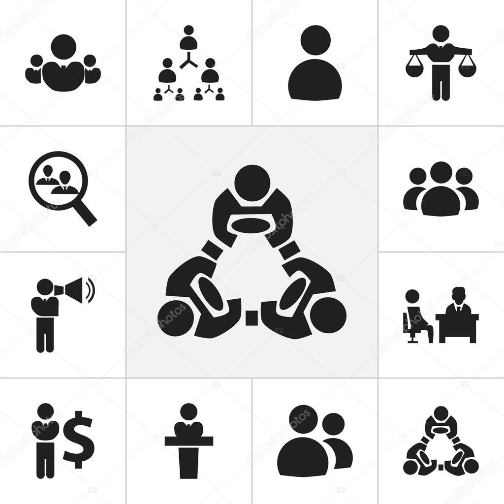 Set Of 12 Editable Team Icons. Includes Symbols Such As Finance Director, Male, Meeting And More. Can Be Used For Web, Mobile, UI And Infographic Design.