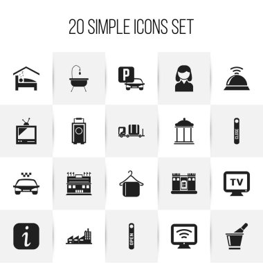 20 düzenlenebilir Motel simgeler kümesi. Şampanya, Tv, giriş ve daha fazlası gibi simgeler içerir. Web, mobil, UI ve Infographic tasarımı için kullanılabilir.