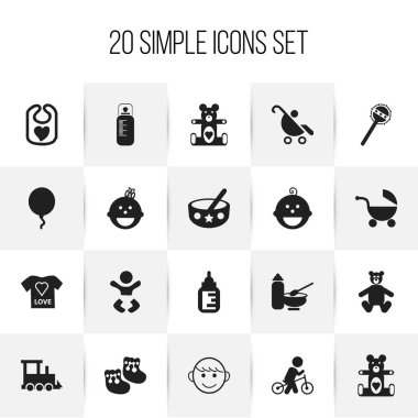20 düzenlenebilir bebek simgeler kümesi. Teddy, peluş hayvan, ayı oyuncak ve daha fazlası gibi simgeleri içerir. Web, mobil, UI ve Infographic tasarımı için kullanılabilir.