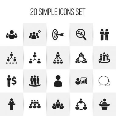 20 düzenlenebilir iş simgeler kümesi. Erkek, tanıtımı, insan kaynakları ve daha fazlası gibi simgeler içerir. Web, mobil, UI ve Infographic tasarımı için kullanılabilir.
